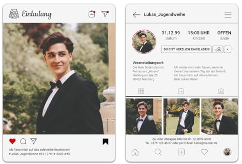 Personalisierte Jugendweihe Einladungskarten im witzigen Partygram Social Media Motiv mit 4 Ihrer Foto und eigenen Texten, DIN A6, abgerundete Ecken, 300g/qm Kartonpapier