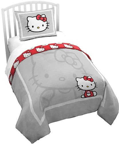 Jay Franco Duvet Cover Set – 2 Piece Comforter Cover and Sham Set, Super Soft Cozy Bedding (Insert Not Included) Grey - Hello Kitty, Twin