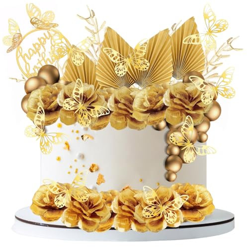 UICCVOKK 43 Pcs Cake Decorations, Gold Flowers Cake Topper, Boho Gold Balls Cakes Decorations, Butterfly & Palm Leaf Birthday Cakes Toppers for Birthday Party Wedding Hochzeitstorte
