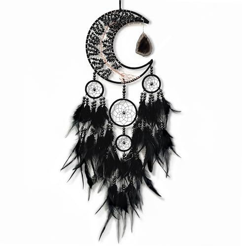 Large Dream Catcher,Moon Dream Catchers with Chakra Gemstone Agate Stone,Black Crystal Tree of Life Dream Catcher,Dream Catchers for Adults,Boho Bedroom Decor (Black Natural Gem Agate)