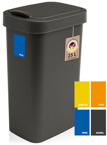Hausfelder Mülleimer 25 l mit Schwingdeckel, schmal, Schwarz | Abfalleimer Küche schmal 30x25 cm, Schwingdeckel für Restmüll gelber Sack, Mülltonne 20-30 Liter