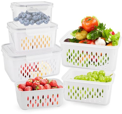 KITDAHOM 3 Contenitori per Alimenti - Contenitori Ermetici per Alimenti, 3.3L + 1.75L + 0.85L, Doppio Strato, 3 Cestelli Scolapiatti + 3 Contenitori a Tenuta Stagna, PP, Adatti a Microonde e Frigo