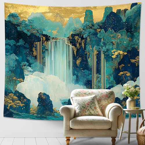 Wasserfall-Wandteppich, türkisblau, dekorativer Wandbehang, von der Natur inspiriert, ästhetisch für Schlafzimmer, Wohnzimmer, Wohnheim, böhmische Heimdekoration, 203 x 152 cm