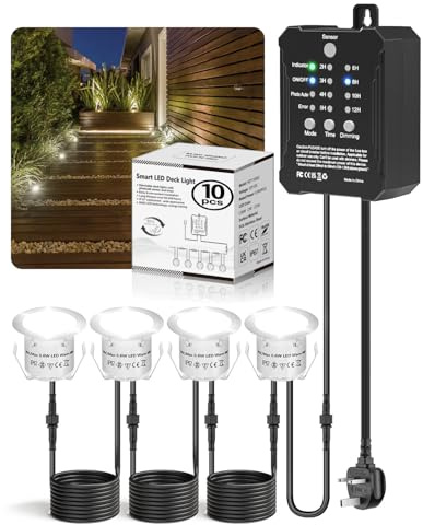 HIBOITEC 10er Set Terrassen Einbaustrahler mit Timer ＆ Photozellensensor | Dimmbar Einbaustrahler Außen, IP67 Wasserdicht, 0,6W Kaltweiß Terrassenbeleuchtung mit Niedervolt Transformator für Garten