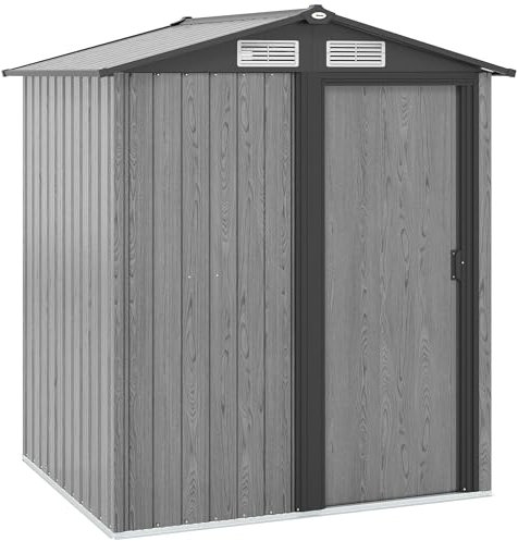 Outsunny 5ft x 4ft Garden Shed, Metal Tool Storage Shed with Sliding Door, Sloped Roof and Foundation Kit for Garden, Patio, Grey Wood Effect