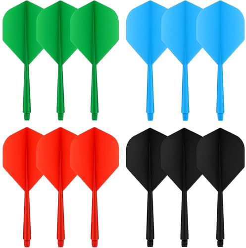 AHEJIOO 12 Stück Dart Flights Mit Schaft 75mm, Dart Zubehör, Darts Zubehör, K Flex Flights, Für Dartpfeile Mit 2ba Gewinde, Dartpfeile Zubehör(Blau/Rot/Schwarz/Grün)