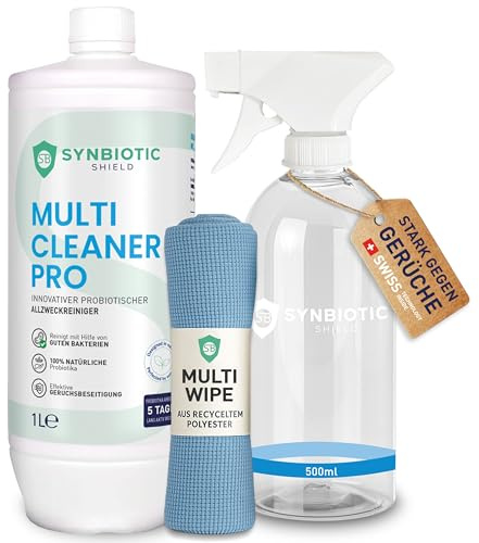 Enzymreiniger Konzentrat 1 Liter mit Sprühflasche & Mikrofasertuch - Starker Geruchsentferner & Reiniger Spray - Natürliche Reinigung gegen hartnäckige Gerüche wie Urin von Katze/Hund & Erbrochenes