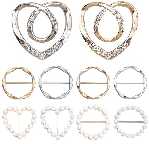 TRKETK 10 clip ad anello per sciarpa, cravatte, per abbigliamento da donna, in metallo, con fibbia circolare, accessori decorativi, bottoni annodati agli angoli, per magliette e abiti larghi (5 stili)