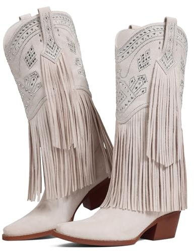 Uacllcau Cowboy Boots for Women Cowgirl Boots Rhinestone Fringe Knee High Boots Women Wide Calf Pointed Toe Chunky Heel Western Long Tall Boot Pull On Retro