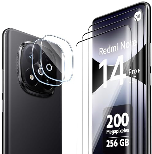 ELYCO Cristal Templado para Xiaomi Redmi Note 14 Pro+/14 Pro Plus 5G, 3 Piezas 3D Protector de Pantalla + 2 Piezas Protector de Lente Cámara, 9H Dureza Anti-Rasguños, Sin Burbujas HD Vidrio Templado