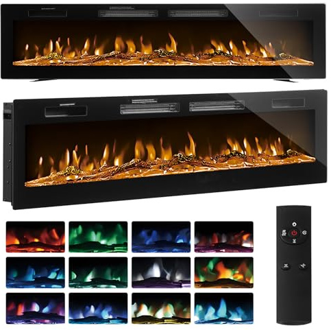 Ultra Thin Electric Fireplace 50/60 Wall Mounted/Recessed/Freestanding Fire Heater with 12 LED Flame Color 5 Brightness Thermostat Overheat Protection Remote & Touch 750W/1500 (Black, 50inch/127cm)