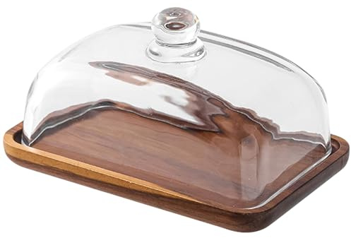 Wilafury Smörskål med lock, träsmörbehållare med klart glasskydd osthållare för köksbänk kylskåp (18 x 12 x 9,5 cm)