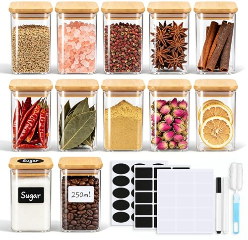 Square Glass Spice Jars with Bamboo Lids 12 Pack, 8oz Empty spice containers with 45 DIY Labels and Markers, Airtight Glass Jars for Kitchen Pantry Organization and Storage, Cleaning Brush Included
