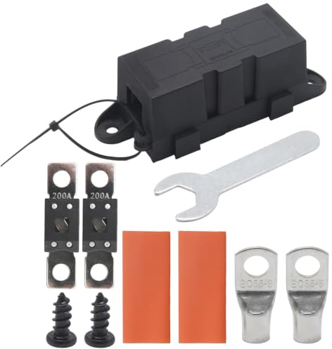 Ollanoos Mega ANM Fuse Holder with 2pcs 200A Fuses, Complete with Terminals, Shrink Tubes, Screws, and Wrench, Ideal for Cars, Vans, RVs, Trailers, and Marine Boats