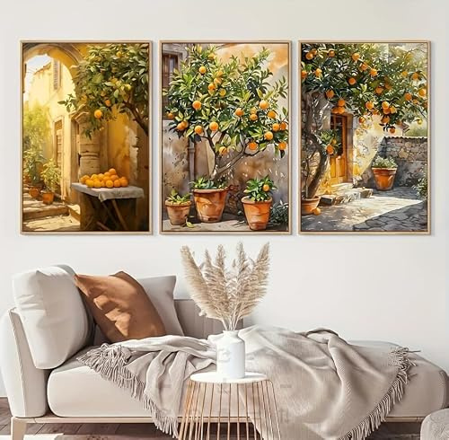 LZJAGXX Vintage Cottagecore landskaps-canvastryck, affisch, apelsinträd, konsttryck, lantlig stil, väggkonst heminredning (50 x 70 cm x 3/ramlös)