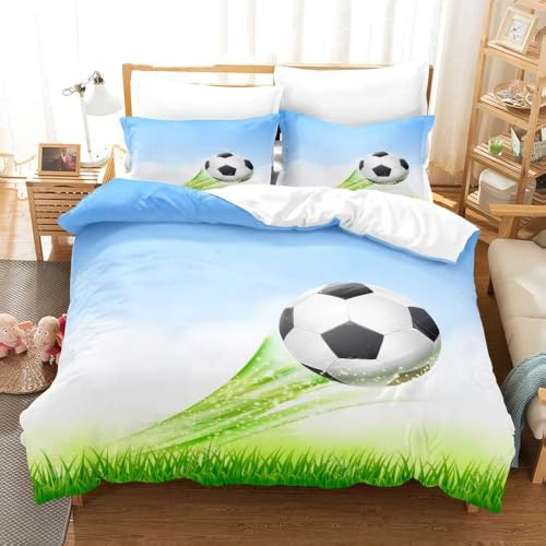 SJSXWQN Superking-size påslakan fotbollssängkläder för barn med dragkedja mjukt allergivänligt mikrofiberpåslakan 259,8 cm x 220 cm + 2 örngott 50 cm x 74,8 cm