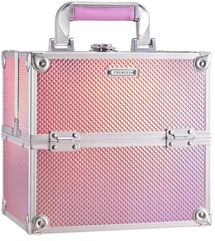 Frenessa Makeup Case Makeup Box Cosmetic Organizer Case Portable Make Up Artist Travel Case Storage Box 4 Trays with Dividers Lockable Hard Train Case Nail Tech Supply Storage Mermaid Pink
