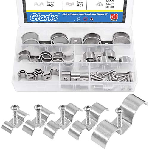 Glarks 50 pezzi 5/16 3/8 1/2'' 5/8 2,5 cm 2,5 cm 2,5 cm in acciaio inox doppia linea morsetti con viti di montaggio Kit assortimento per freni, linee carburante e tubi