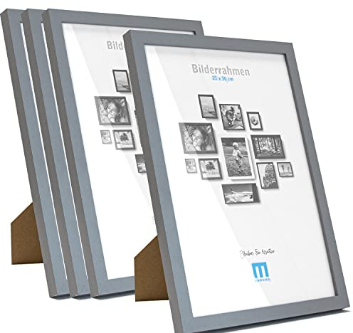 M MERCEO Bilderrahmen A4 21x30cm (4Stk) Grau – Holz MDF Fotorahmen einzeln oder Set – Posterrahmen mit Acrylglas – für Fotos & Poster, Wandmontage oder Tischaufsteller, Hoch- & Querformat