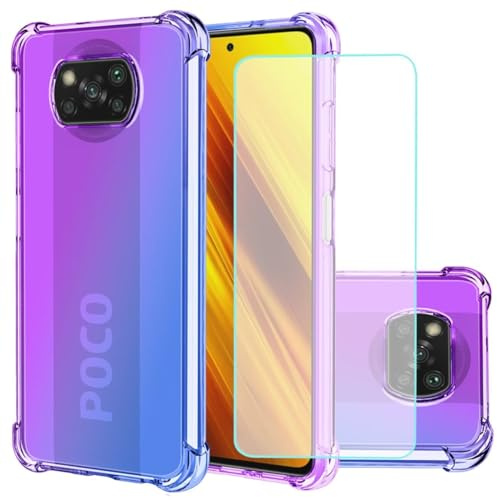 Jhxtech Funda para Xiaomi Poco X3 NFC/Poco X3 Pro con [2 Paquetes] Protector de Pantalla de Vidrio Templado, Funda de TPU Transparente Funda Protectora para Xiaomi Poco X3 Pro (púrpura/Azul)