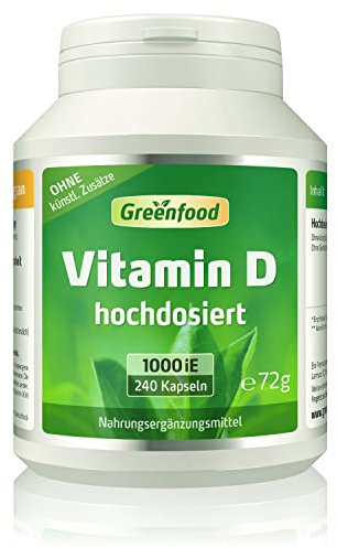 Vitamin D Kapseln, hochdosiert, 1000iE - 240 Softgels. Vitamin D3 – gut für Knochen, Zähne und Immunsystem. Hohe Bioverfügbarkeit. OHNE künstliche Zusätze - laborgeprüft. Von Greenfood.