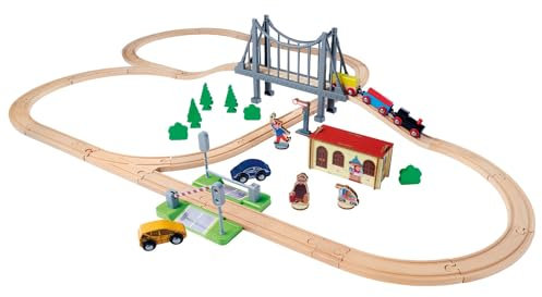 Eichhorn Schienenbahn 100006204 Bahnset mit Brücke, 55 teilig, 500 cm Strckenlänge, FSC zertifiziertes Buchenholz, verbaubar mit Anderen Schienenbahnsystemen, Mehrfarbig