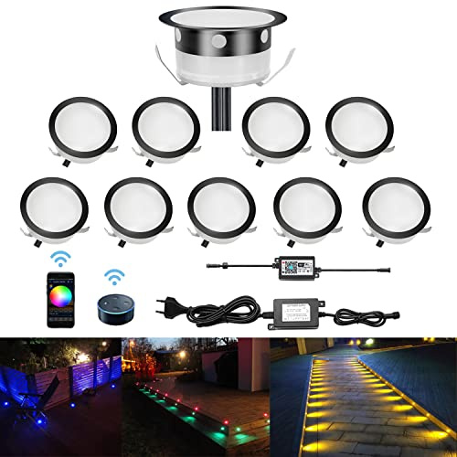 CHNXU 10er Set WiFi RGB Terrasse Einbauleuchte LED Bodeneinbaustrahler DC 12V Einbauspots, IP67 Wasserdicht Aussen Treppen Bodeneinbaustrahler 0,2W - 0,4W Kompatibel mit Alexa, Google Home, Schwarz