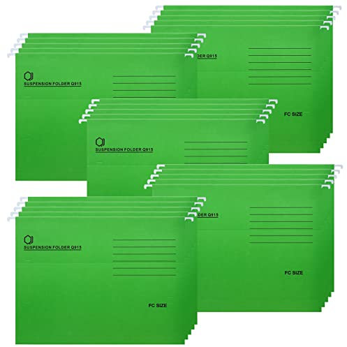 Foolscap Hängemappen, 25 Stück Hängeregister Mappen aus Recyceltem Karton mit Registerkarten und Karteneinsätzen, Hängeregistraturen für Büro und Schule, Grün