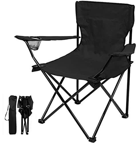 HUHJYUGE Angelstuhl Klappbar, Campingstuhl Klein Klappbar, Hohe Rückenlehne Klappstuhl Camping, Mit Getränkehalter, Armlehnen Und Tragetasche, Für Strand, Garten, Grillen (A)