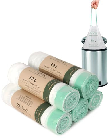ZURAS® 60 Liter Biomüllbeutel mit Zugband 75 Stk. kompostfähige, biologisch abbaubare Müllbeutel, DIN EN 13432 zertifiziert und geprüft, reißfest und wasserdicht