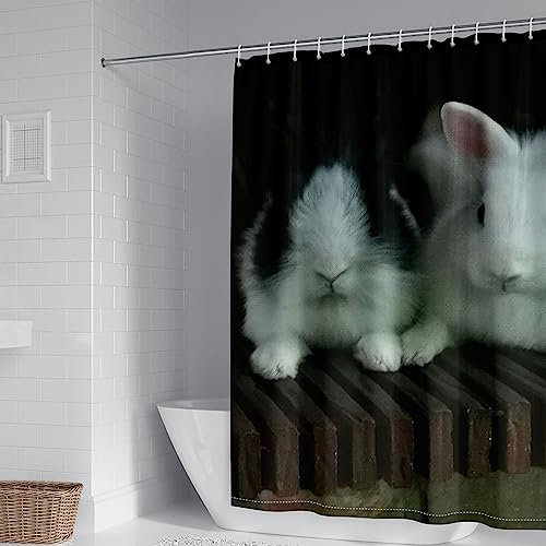 Whoiy Tendina Doccia Impermeabile, Tenda per Vasca da Bagno in Tessuto Conigli Tenda per Doccia Lunga 90x180cm, Nero Bianco