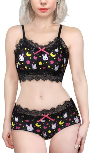 LittleForBig Lacy Trim Mujer Ropa de Dormir Correa Ropa de Dormir Cami Top Pantalones Cortos Lencería Bralette Loungewear Set - Sweet Usagi, Negro, XXL