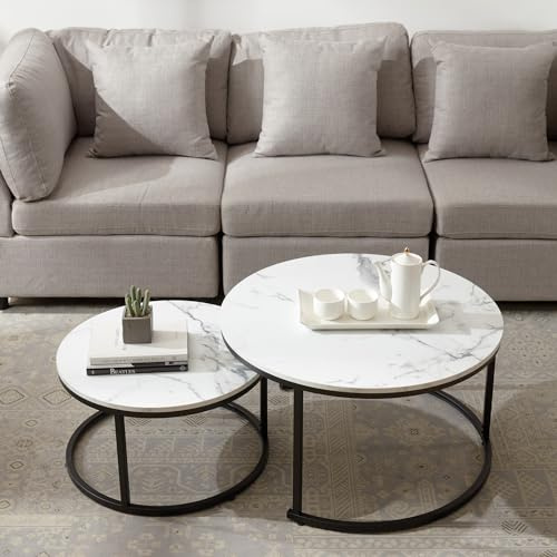 Satztisch Set mit 2 runden Beistelltischen 2-in-1 Kombination, Couchtisch Weiss Deko Wohnzimmer Modern, Kaffeetisch aus Holz Kleiner Couchtisch 2er Set Weiß Größe 80X 80CM, 60X 60CM