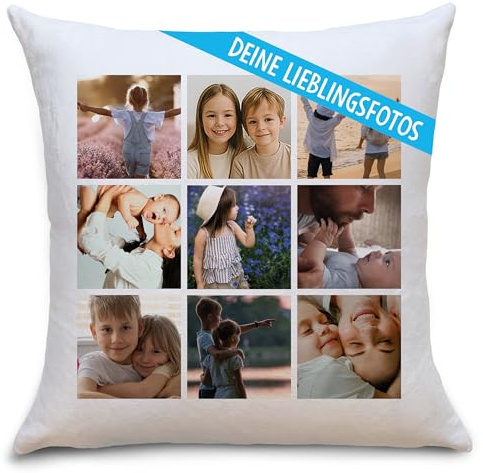 OWLBOOK® Personalisiertes Kissen mit Foto Bedrucken Lassen - Fotokissen mit 9 Fotos selbst gestalten - Geschenke zu Weihnachten Foto Kissen 40 x 40 cm weiß zzgl. Füllung