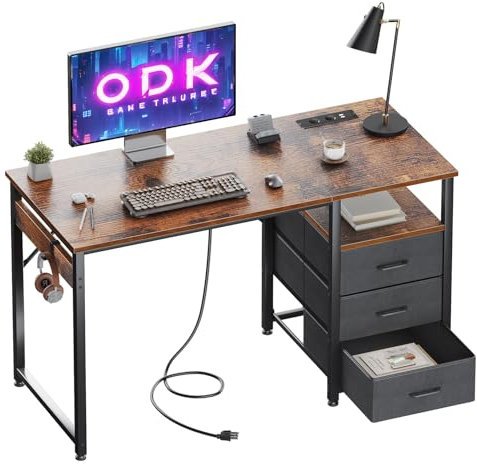ODK 120x48x75.5cm Schreibtisch mit 3 Schubladen aus Stoff, Computertisch mit 2 Steckdosen und USB-Buchsen, Umkehrbarer PC Tisch Bürotisch für Home Office, Braun