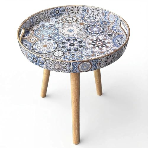 Simmer Stone Marble runda inomhussidobord med avtagbart trä 3 ben, mångsidigt brickbord, perfekt för runt soffbord te och avslappningstid (35 cm - bohemiskt)