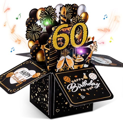 joyoldelf 60 Geburtstagskarte mit Musik - 60. Geburtstag Pop Up Karte mit Lichtern und interaktiven Kerzen, Geschenk Geburtstagskarten für Frauen und Männer, 3D Grußkarte Geburtstagsgeschenk
