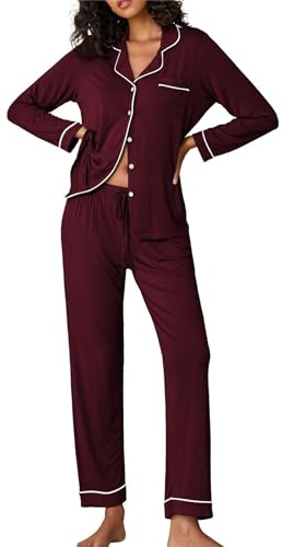 Ekouaer Schlafanzug Damen Lang Pyjama Set Zweiteiliger Damen Schlafanzug Knopfleiste V-Ausschnitt Sleepwear Oberteil und Pyjamahose Rotwein S