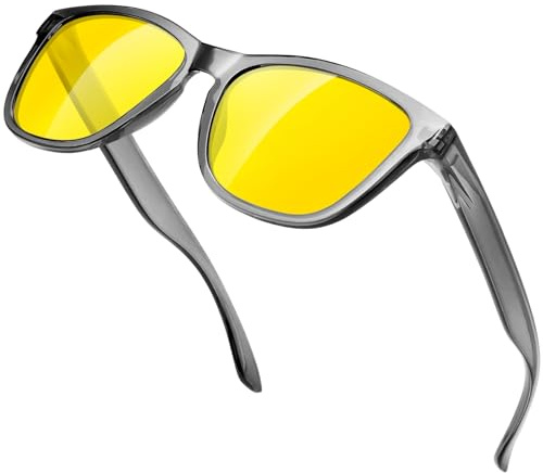 KANASTAL Lunettes Conduite de Nuit Carrées UV400 Lunette Anti Eblouissement Conduite Homme et Femme Jaune Monture Grise Transparente pour Nuageux Pluvieux Brumeux