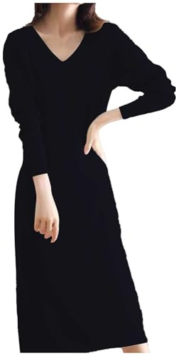 Robe Longue en Laine à Col en V pour Femme - Style Français - Superposée pour l'Hiver - Confortable, Chaude et Décontractée - à Paillettes - Costume, Noir, M