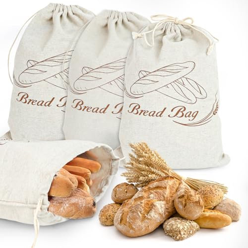PRZRAO 4 Pezzi Sacchetto Pane Con Cordoncino 40 x 30 cm Riutilizzabile Con Pellicola Interna per Conservare