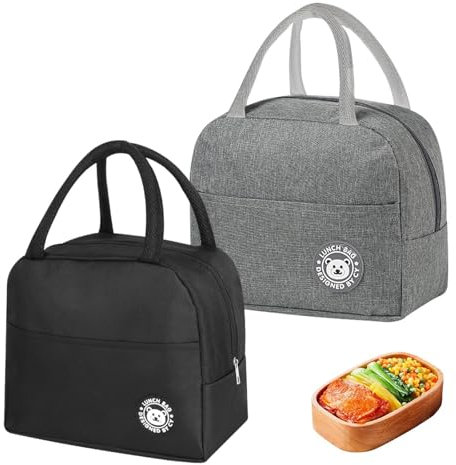 QiChan 2 Stück Kühltasche Klein 7L, Isolierte Lunchtasche mit Folienfutter, Schwarz und Grau Thermische Lunchbox Tasche Tragbare, Kühltasche Klein Faltbar für Picknick, Schule