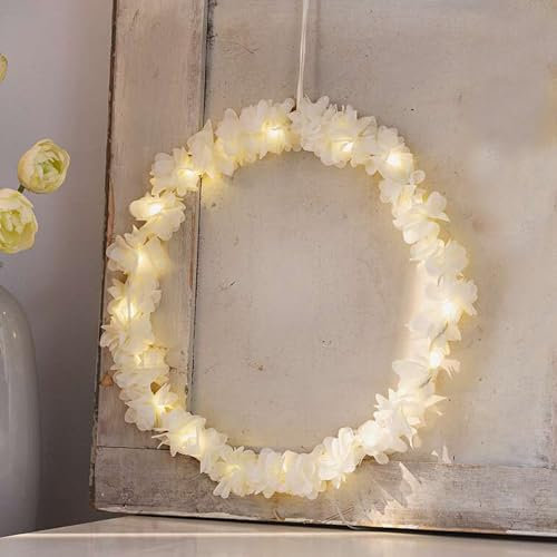 Frank Flechtwaren LED-Hänger Blütenring, Textil, Creme, Metallrahmen, Satinband, 20 warmweiße LEDs, batteriebetrieben, An-/Aus-Schalter Maße: Ø 30 cm, Innen-Ø 28 cm, ohne Batterien