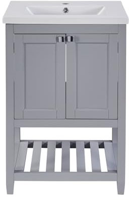 Billg Mobile Bagno con Lavabo in Ceramica, Moderno Mobiletto Lavatoio 60cm con Armadietto e Scaffali, Set di Mobile Lavabo Bagno Salvaspazio, Legno Massello+MDF