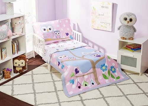 Everyday Kids Juego de Ropa de Cama Infantil de 4 Piezas, búhos del Bosque, 100% algodón, Incluye edredón, sábana encimera, sábana Bajera y Funda de Almohada Reversible, Ropa de Cama para niñas