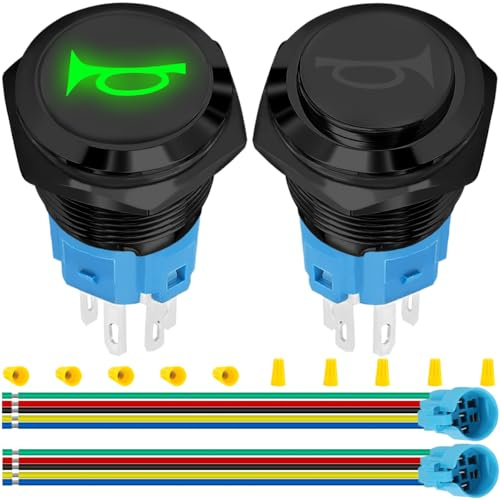 MKBKLLJY 2 STK. 16 MM Hupenschalter, erhöhter Lautsprecher, Hupe, momentaner Druckknopfschalter, DC 12V-24V, 5A, 5/8 Zoll Montageloch, grünes LED-Licht, wasserdicht, schwarzes Edelstahlgehäuse