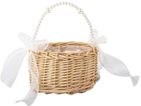 Wicker Flower Girl Basket with Pearl Handle, Small Wicket Rattan Wedding Flower Basket(7.87× 5.91 inches)