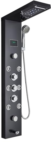 Harnart 5 in 1 Black Bathtub Hydraulic Massage Shower Column with LED Shower Column Hydraulic Massage Stainless Steel Wall Mounted Shower Panel System