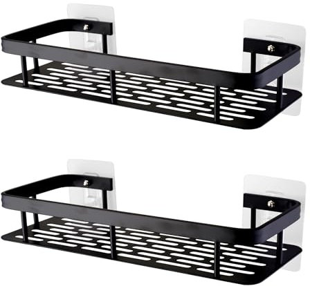 LEADAHEAD Shower Caddy Adhesive No Drill Bathroom Shower Organizers Rustproof Shower Shelves Wall-Mounted Kitchen Spice Rack Black Shower Holder 2-Pack