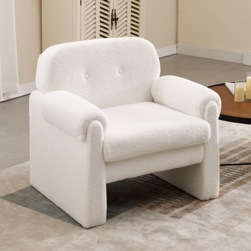 DAYALANE Faux Fur Fabric Accent Chair, Upholstered Single Sofa with Soft Padded and Armrest, Lounge Chairs for Living Room, Bedroom White